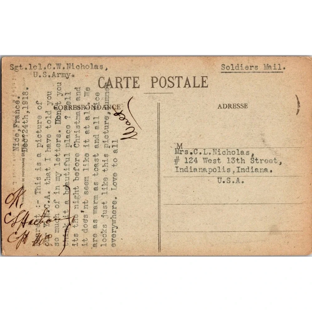 Vintage 1918 Nice‎ France La Jetée Palm Trees Postcard Soldiers Mail